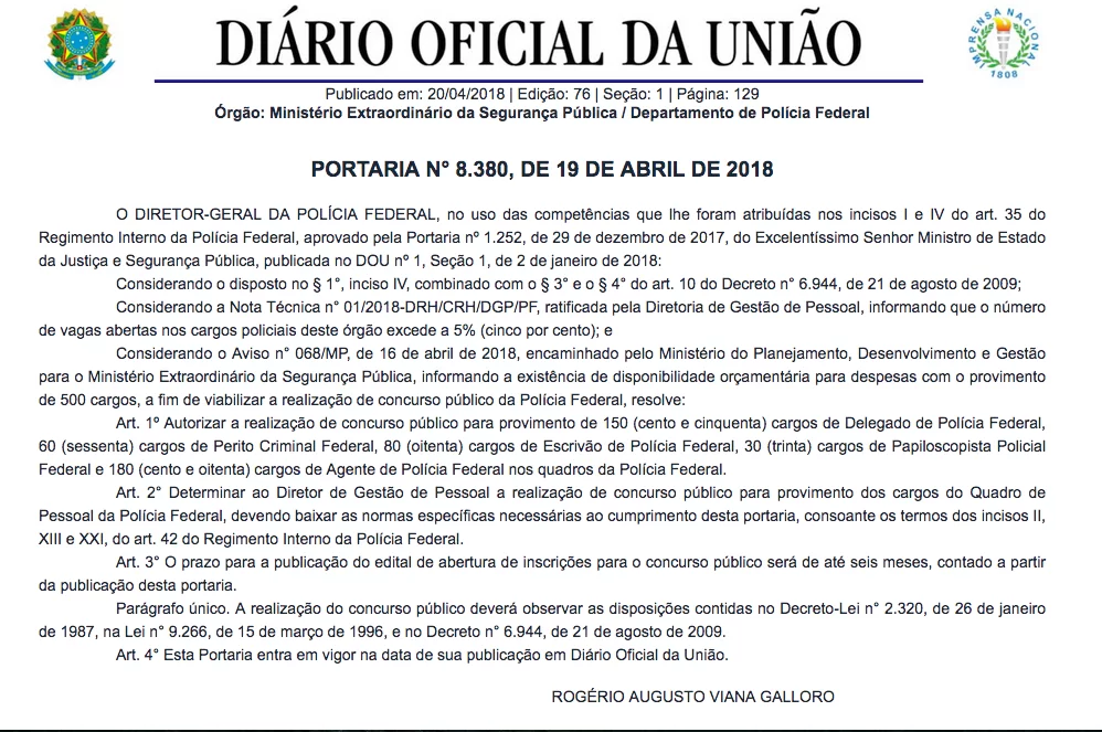 portaria pf concurso - Autorizado! Concurso Polícia Federal 2018 com 500 vagas! Até R$24mil