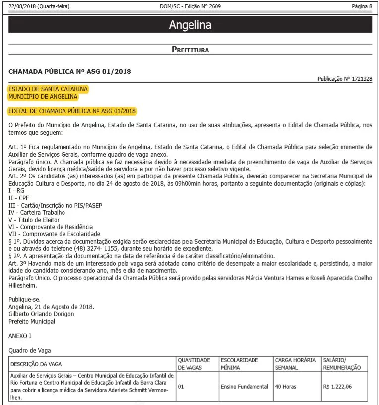 4424 - Prefeitura de Angelina - SC anuncia Chamada Pública