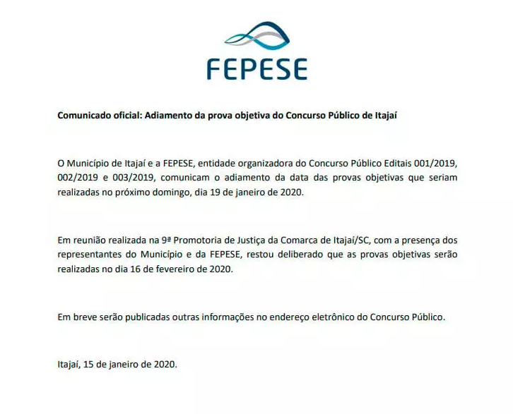 fepese - Concurso de Itajaí tem provas remarcadas para fevereiro