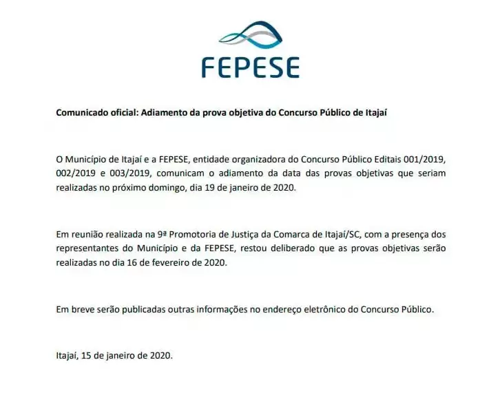 fepese - Concurso de Itajaí tem provas remarcadas para fevereiro