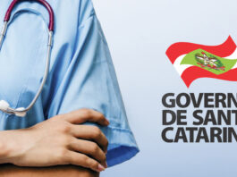 Uma pessoa com uniforme médico e um estetoscópio pendurado no pescoço fica com os braços cruzados. À direita, a bandeira de Santa Catarina e o texto “GOVERNO DE SANTA CATARINA” são visíveis sobre fundo azul claro, destacando 108 oportunidades por meio da SES – processos seletivos de SC.