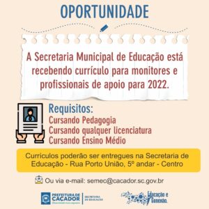 10012022161619415 g - Secretaria de Educação de Caçador - SC abre mais de 100 vagas de empregos para estagiários