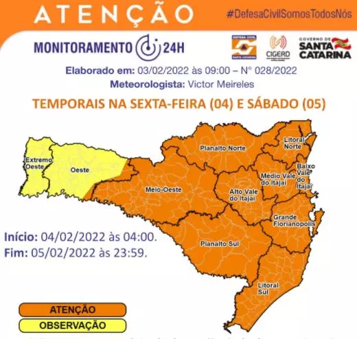 defesa civil alerta - SC tem alerta para temporais e queda de granizo a partir desta sexta-feira