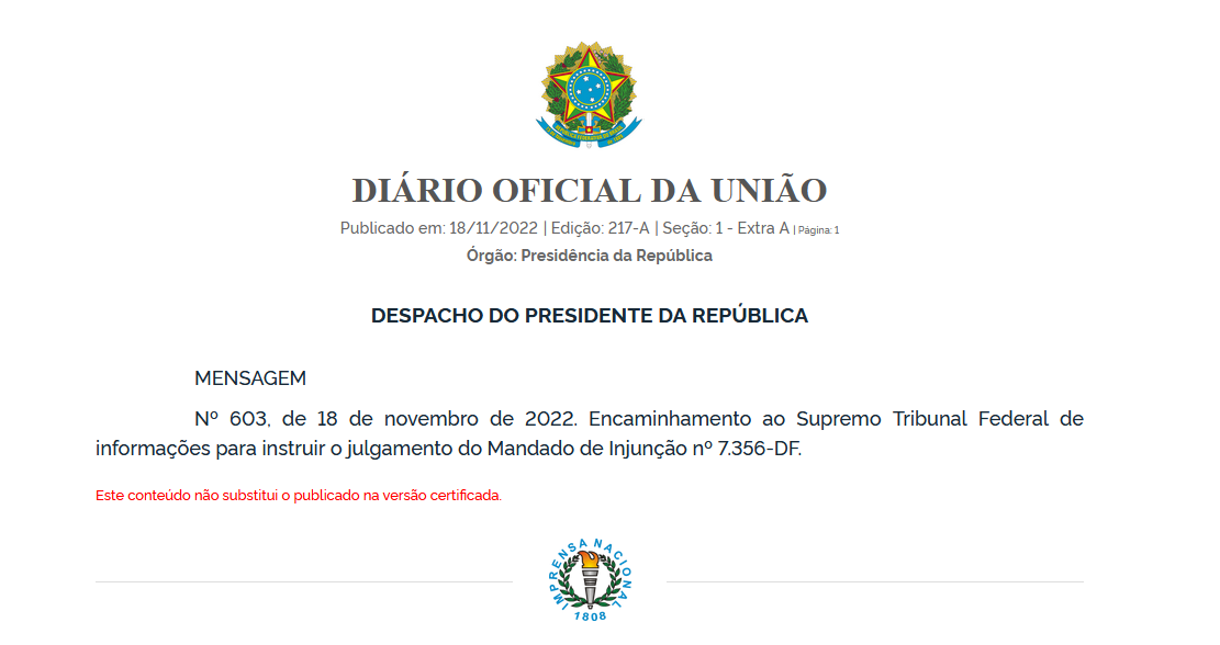 despacho - Bolsonaro publica Mandado de Injunção em edição extra no Diário Oficial