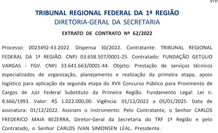 extrato de contrato trf 1 juiz - Concurso TRF1 para juiz tem banca contratada; Edital iminente