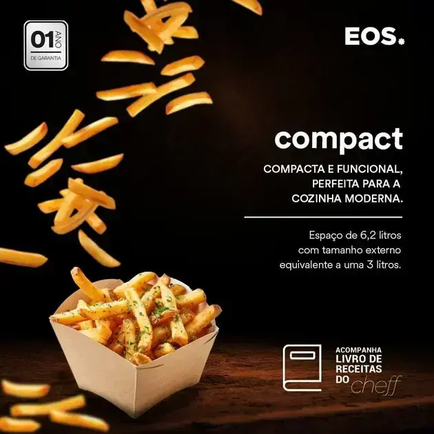 Imagem 3D do produto com fundo escuro que destaca o recipiente e as batatas fritas.